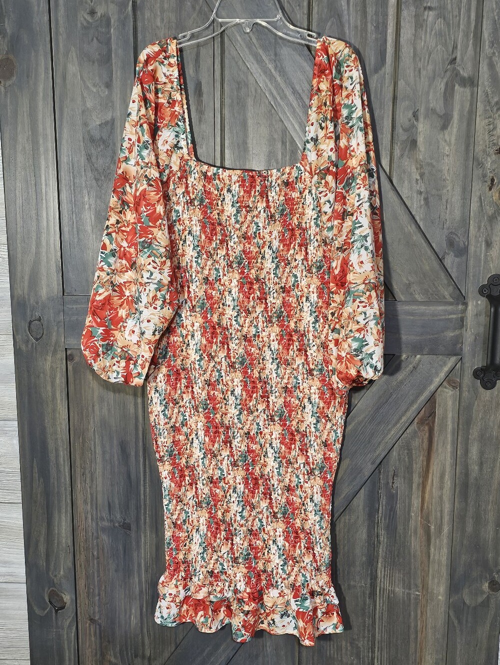 Pink Lily Red Floral Smocked Midi Dress with Puff Sleeves Women's Small